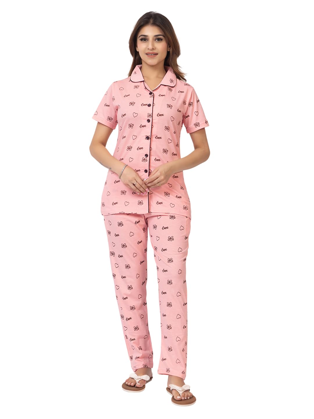 Casual Wear Lapel Neck Half Sleeve Cotton Blend Printed Nightsuit For Women's-image-37