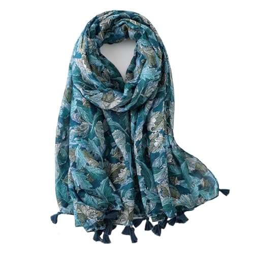 Scarf for Women Lightweight Green Leaves Pattern Boho Shawl Wrap with Tassels Soft Fall Winter Scarves for Women (Green)