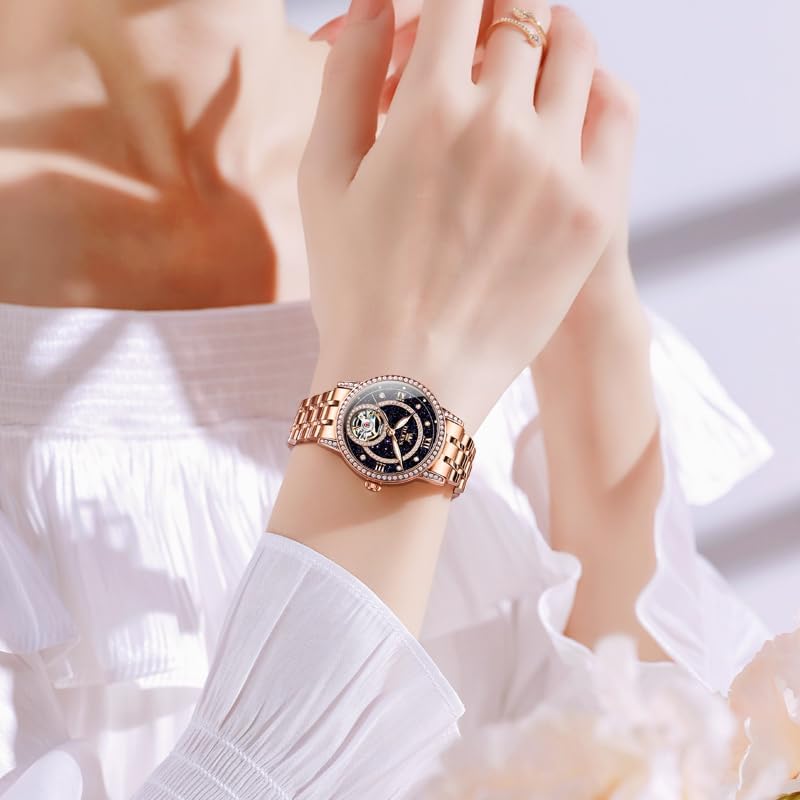OLEVS Women’s Watch Automatic Diamond Tourbillon Luxury Fashion Stainless Steel Waterproof Luminous Wrist Watches for Ladies Gift Rose Gold/Starry Sky Blue/Silver - Image 3