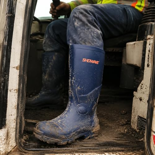 Image of Showave Steel Toe Rubber Work Boots for Men Waterproof Durable Concrete Boots for Hunting Manufacturing Construction