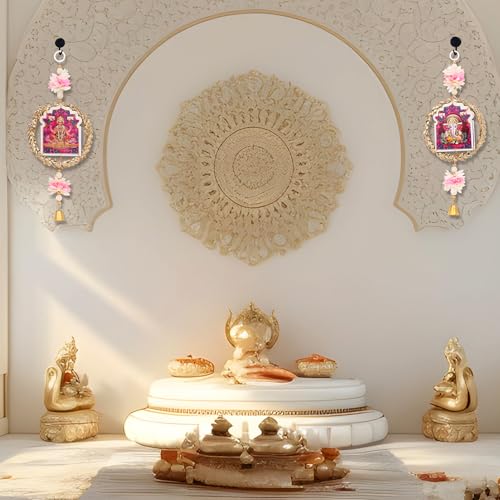 Image of Akaar Decor Lakshmi Ganesha Hanging Set of 2 | Floral Wall Hanging with Golden Wreath Frame, Pearl Beads & Bell | Diwali Decoration, Pooja Room, Temple & Home Entrance Decor