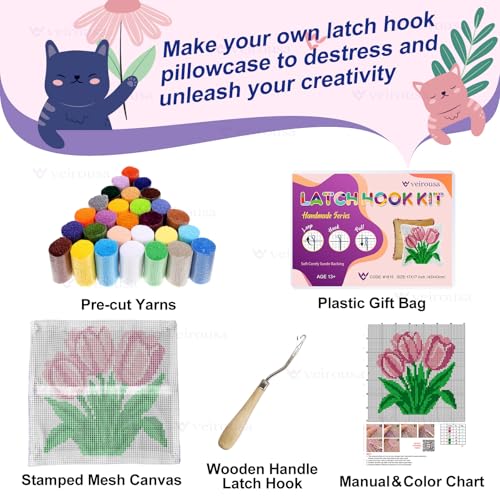 Image of veirousa Latch Hook Kits for Adults, DIY Pink Tulip Pillow & Rug Craft Kit for Beginners, Floral Handmade Yarn Art, Relaxing Home Sofa Decor Gift 17x17 Inch