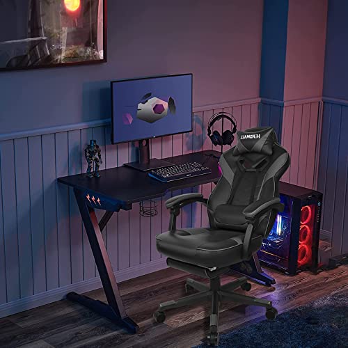 Headmall Gaming Chair With Footrest, Office Chair With Lumbar Support And Headrest Height Adjustable Gamer Chair With 360°-Swivel Seat - Black Gray #TOP6
