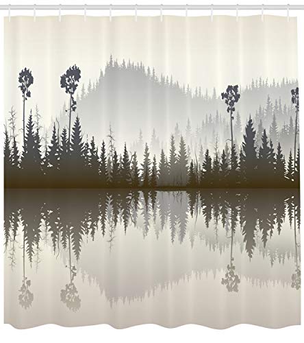 ABAKUHAUS Forest Shower Curtain, Misty Northern Nature Jungle with Hills and River at Dusk Water Reflection - Image 2