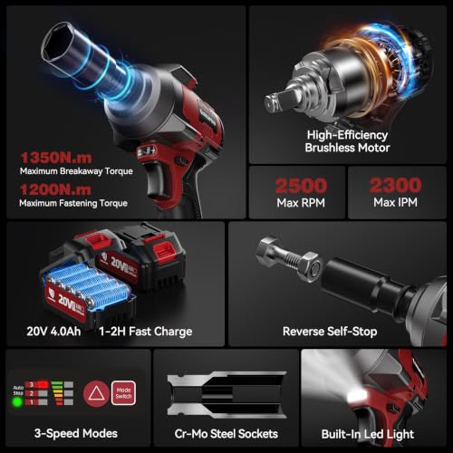 ARCCAPTAIN Cordless Impact Wrench 996Ft-lbs(1350N.m), 1/2 Inch Impact Gun - image 2