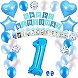 【Baby 1. Geburtstagsfeierdekorationen】 Das Geburtstagsdekorationsset enthält: blaues 1-12-monatiges Babyfoto-Banner, blaue Folienballon Nummer 1, 6 Stück blaue Latexballons, 6 Stück mattblauer Ballon, 6 Stück mattweißer Ballon, 4 Stück blaue Konfettiballons, 1 