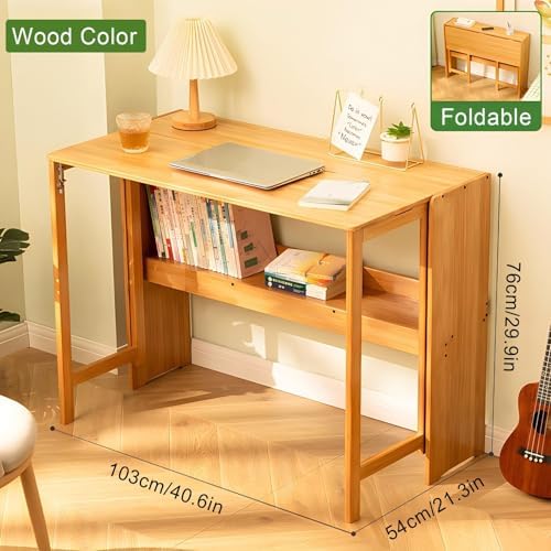 41" Bamboo Folding Desk with Bookshelf, Folding Bamboo Desk for Small Spaces, Computer Table Space Saving, Wooden Desks for Home Bedroom Study Office Bamboos Writing Desks, Primary - Thumbnail 3