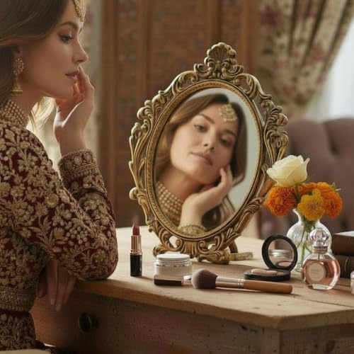 Image of KridayKraft Table Mirror Gold Plated for Gift Love one Festival Gift Perfect for Birthday, Anniversary Wedding (Floor Mount, Oval, Framed)