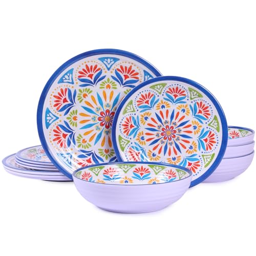Image of Dinnerware Set 12Pcs Melamine Plates and Bowls (Blue Flower) | Wedding Gift,Parties,Home,Service,Durable,Floral Pattern,Tableware Dinner, Salad Dessert Plates,Housewarming