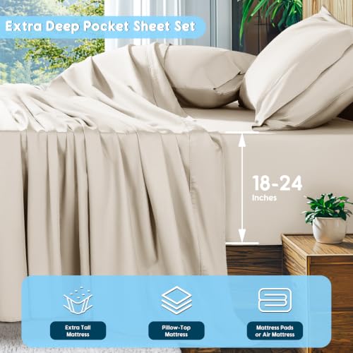 Image of SONORO KATE 1000 Series 100% Egyptian Cotton Queen Sheets,Extra Deep Pocket | 18-24 Inch Extra Deep Pocket,Soft & Breathable,5-Star Hotel Sateen Bed Sheets,All Season,4pc,Cream