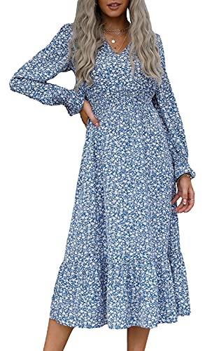 PRETTYGARDEN Long Sleeve Dress for Women, Pleated Maxi Dress V Neck Boho Floral Print Fall Long Dresses (Blue, Medium)