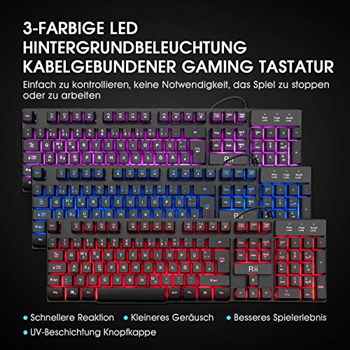 Rii Gaming Tastatur und Maus Set, 3 LED Hintergrundbeleuchtung, ideal für Gaming und Büro, Kompatibel mit PC (DE-Layout, Schwarz) 2