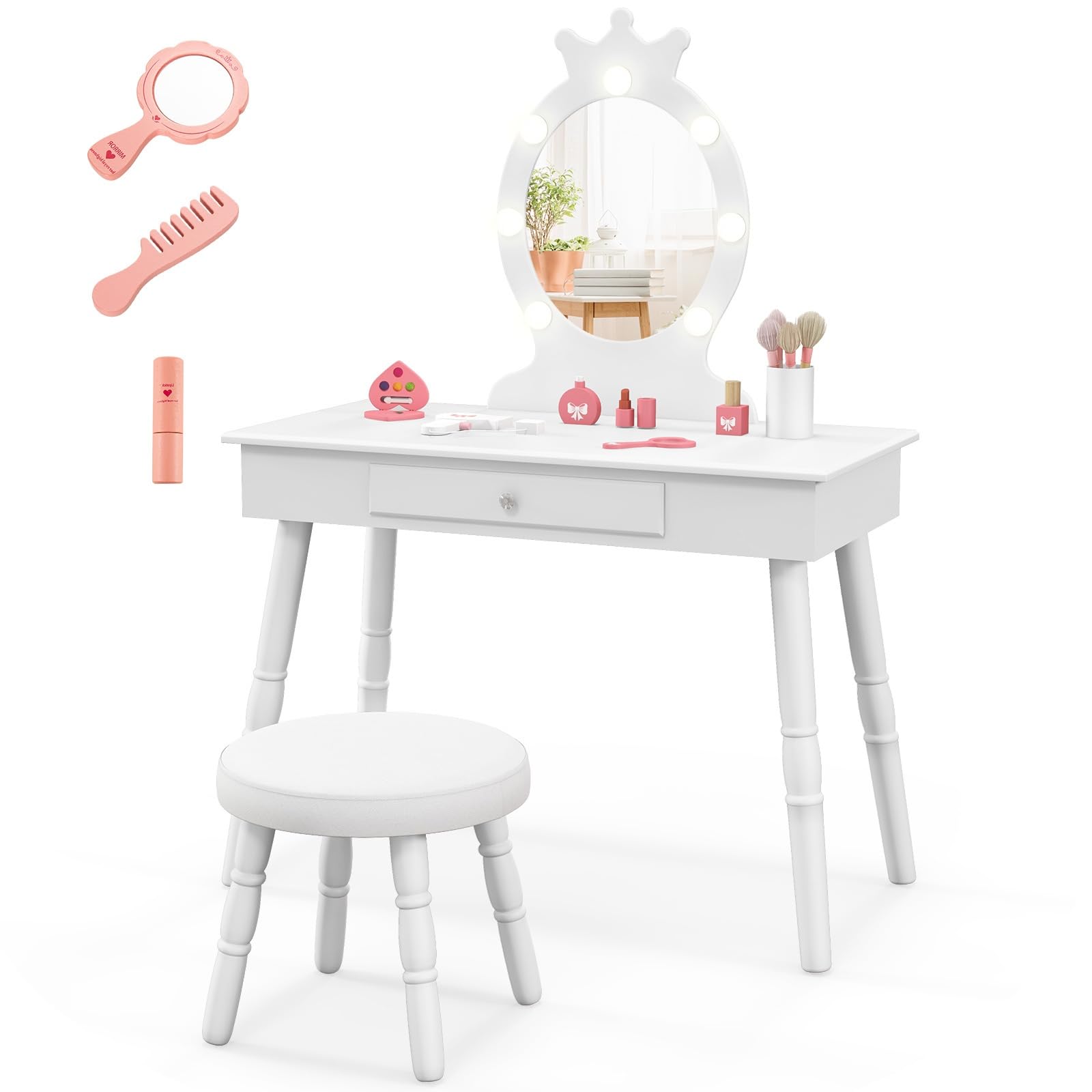 LIFEZEAL Specchiera Trucco Bambina, con 7 LED, 3 Colori di Luci, Postazione Trucco Bambina, con Sgabello Imbottito, Cassetto e Specchio di Corona, Toeletta Trucco per Bimbi 3-7 Anni (bianco)