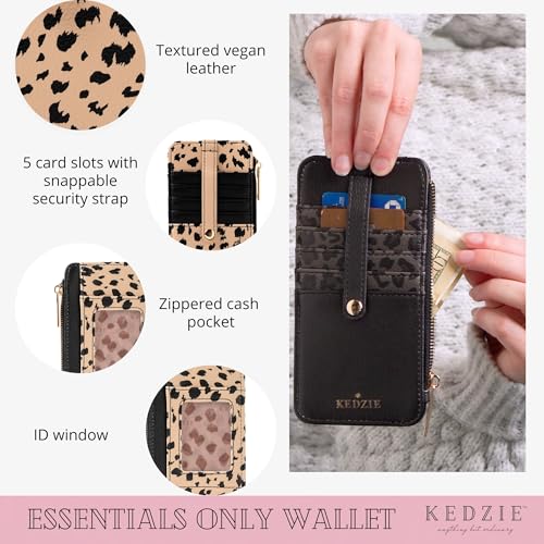 Image of KEDZIE Essentials Only Women's Zippered Wallet in Vegan Leather Small Card Holder Wallet Exterior ID Window - Feline Cute
