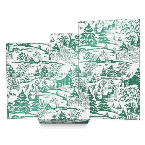 Papier cadeau de Noël vert cabane enneigée 43x300cm