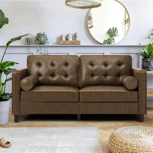 Image of 67 inch Premium Faux Leather 2-Seater Sofa with 2 Bolster Pillows and Tufted Backrest, Mid-Century Modern Loveseat Sofa, Luxury Couch for Living Room, Bedroom, Office, Coffee Brown