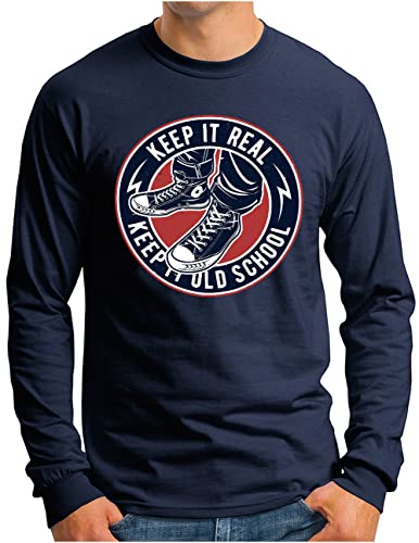 T-shirt manches longues homme OM3 en bleu marine taille XXL avec motif Old School Sneakers