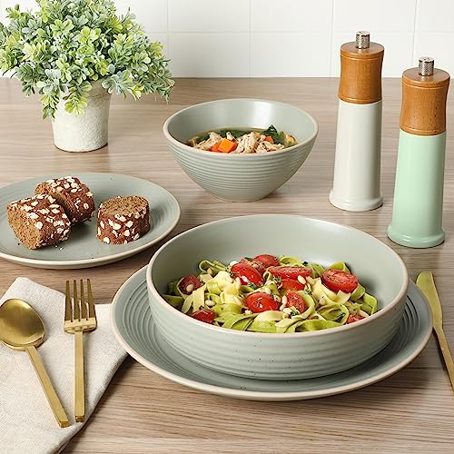 Image of Gibson Home Dinah Double Bowl Stoneware Embossed Speckled Dinnerware Set - Sage Green, Service for Four (16pcs)