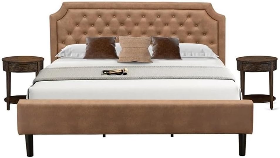 East West Furniture GB28K-2HI07 3-Piece Granbury Bedroom Set with Button Tufted King Size Bed and 2 Distressed Jacobean Small Nightstands - Brown faux Leather with Brown Texture and Black Legs