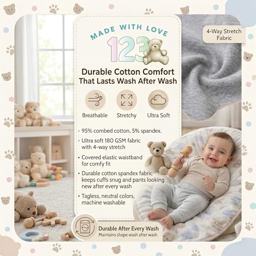 Image of 123 Bear Infant and Toddler Soft Cotton Spandex Boys and Girls Pants Multipacks
