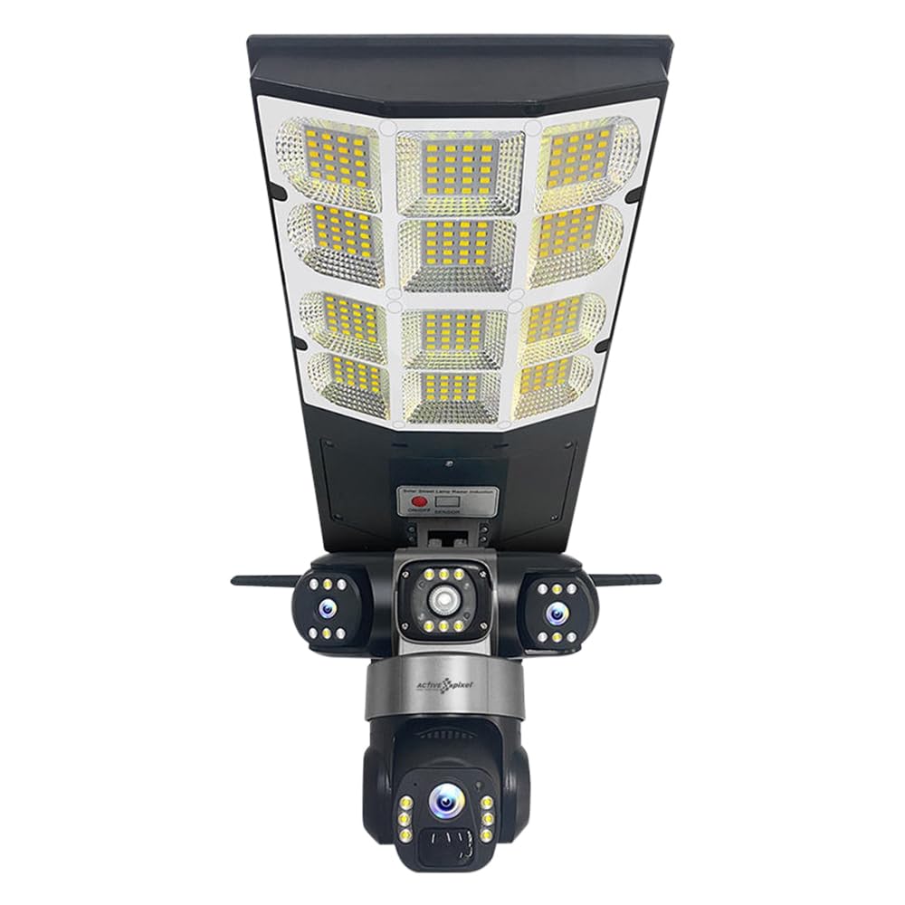 Active Pixel 4Mp Solar LED Street Light with 3 Camera Security System | PTZ 360° + Dual Side Cameras | Motion Detection | Night Vision | Remote Monitoring | Waterproof Outdoor Solar CCTV Light