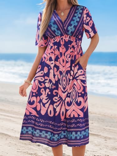 Image of CUPSHE Summer Womens Summer Dresses V Neck Short Sleeve Vacation Casual Smocked Beach Midi Wedding Guest Dress