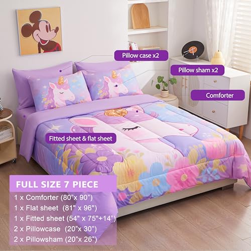 Image of Purple Unicorn Bedding Full 7-Piece Comforter Set for Girls, Super Soft Microfiber Bed Set Bed in a Bag with Comforter Sheets Pillowcase & Sham (Purple Unicorn - No Text, 7 Piece Full Size)