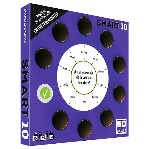 Smart 10 Entretenimiento   Paquete de Ampliación Juego de Mesa de Preguntas Smart 10 sobre Entretenimiento, 50 Tarjetas Doble Cara con 100 Preguntas, 2 a 8 Jugadores Recomendado a Partir de 14 Años