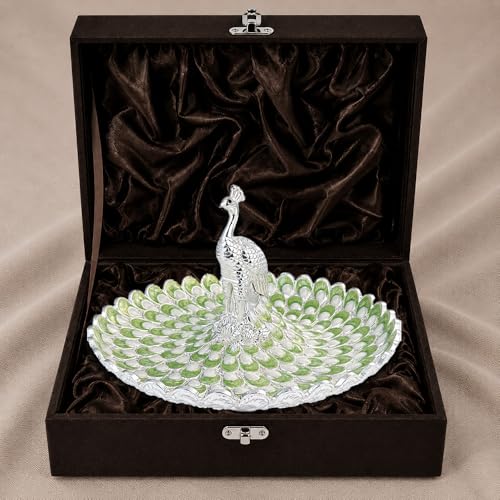 Image of Diviniti German Silver Peacock Decorative Tray | Luxury Home Decor Platter with Green Enamel Feather Design | Premium Dry Fruit & Sweet Serving Tray | Elegant Center Table Decor Gift with Box