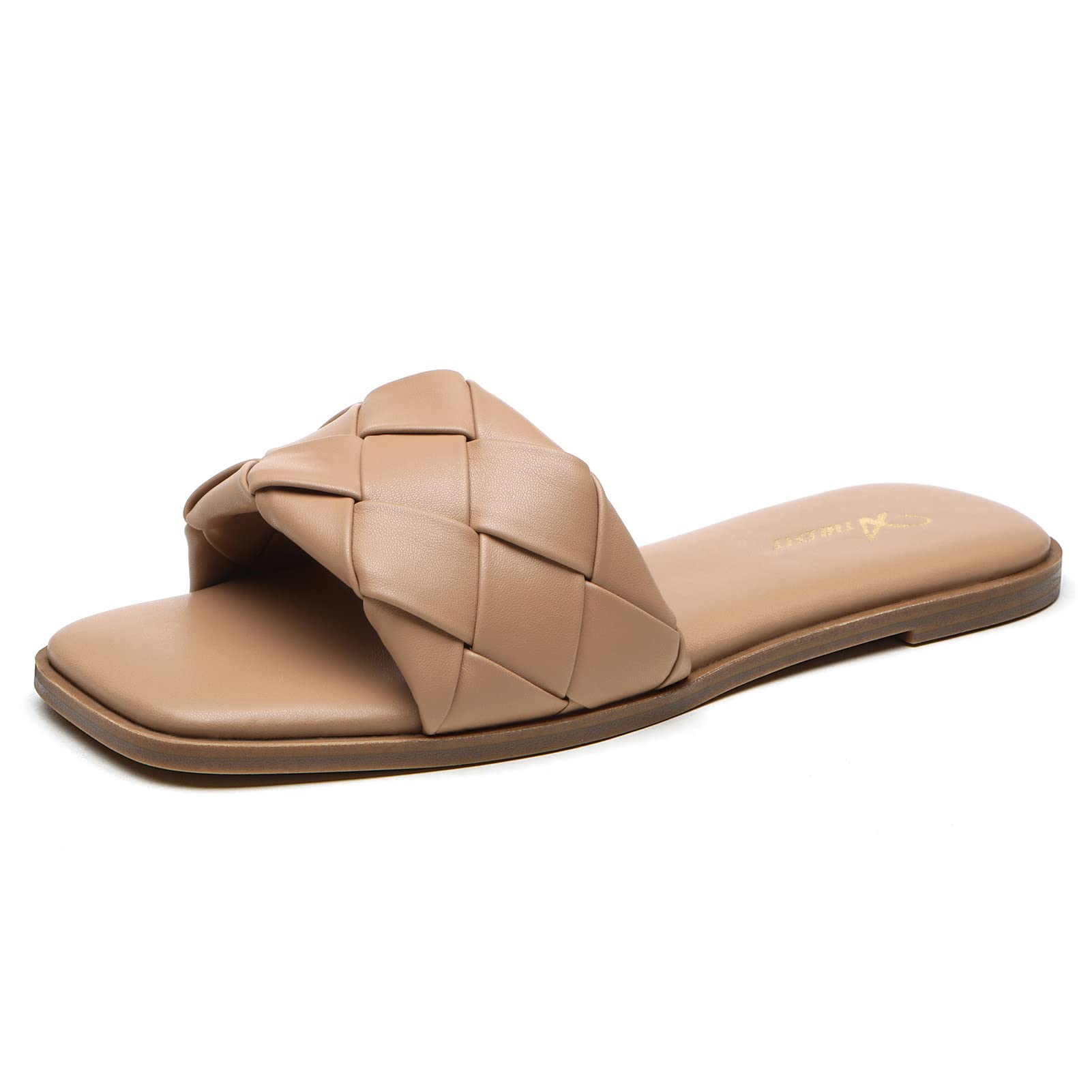 AthlefitAthlefit Women's Braided Flat Sandals Square Open Toe Woven Slip On Slide Sandals