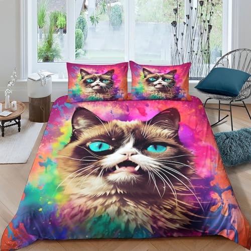 Housse de couette chat 220x240 parure de lit microfibre 3 pièces lit double King
