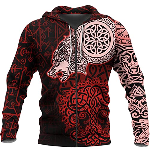 CZMYCBG Felpa con Cappuccio da Uomo con Cappuccio E Zip Intera in Pile con Tatuaggi di Lupo Vichingo 3D Felpa Pullover con Mito Norreno A Maniche Lunghe per Uomini E Donne,Zip,XXL