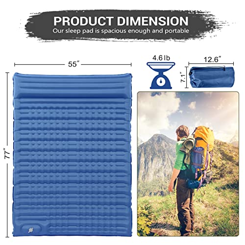 Double-Sleeping-Pad-Self-Inflating-Camping-Mattress-2-Person-with-Pillow-Built-in-Foot-Pump-4-Extra-Thick-Camping-Mat-for-Sleeping-Picnicking