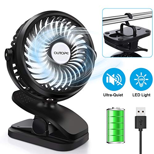 OUTOPE Ventilador USB, Portatil Mini Ventilador Silencioso, Pequeño Ventilador USB Coche con LED, Personal Ventilador de Mesa con Bateria Recargable, Fan Ventilador de Cochecito para Oficina Cámping