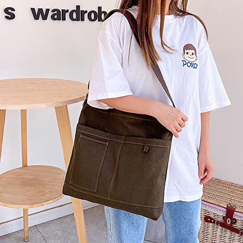 Image of Cotton Tote Handbag Women Canvas Crossbody Beach Bag Hobo Shoulder Tote Bag with 3 External Pocket,Zipper Closure