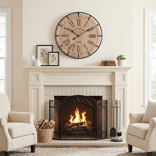 Image of EMAX HOME 20 Inch Large Farmhouse Wall Clock, Light Wood Grain Face with Black Metal Frame, Silent Non-Ticking Quartz Movement, Easy-to-Read Roman Numerals, for Living Room, Bedroom, Kitchen.