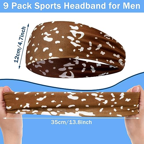Image of 9 pcs Sweatbands for Men Workout Sport Headbands for Men Camo Headband Sweat Absorbing Headband Wide Sweatband for Head Basketball Football Cycling Running Yoga, 4.7 x 9.8 Inch