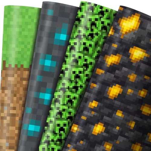 Pixel Block Texture Gift Wrapping Paper 8 Flat Sheets 4 Bold Square Patterns Large 20 x 27 Inch Decorative Gift Wrap for Birthday Christmas & Holiday Gifts