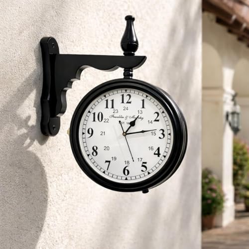 Image of Vintage Double-Sided Wall Clock, Antique Victorian Hanging Clock with Bracket, Silent Quartz Movement, Roman Numerals, Rustic Farmhouse Decor for Home & Office (Black)