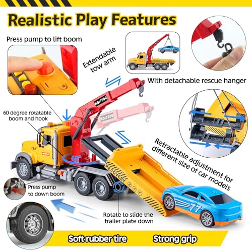 CORPER TOYS 9\'\' Diecast Pull Back School Bus Toy with Sounds and Lights and 15\'\' Friction Powered Large Tow Truck with Sounds and Lights Vehicle Playset for Kids