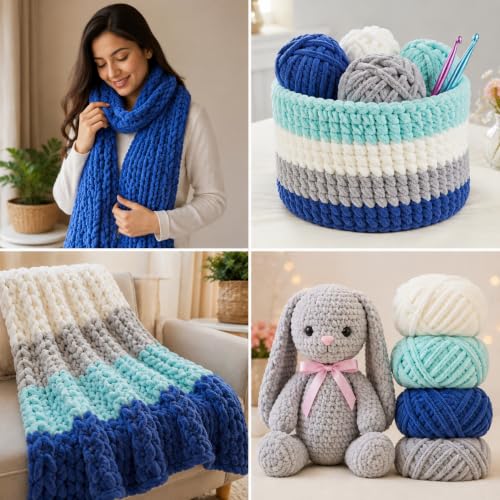 Image of ProKart - Blankie Plush & Cuddly Chenille Yarn for Knitting | Super Soft Velvet Pastel Yarn for Blankets, Baby Toys & DIY Crafts | 100g, Pack of 4 (Royal Blue, Sky Blue, Pure White, Silver)