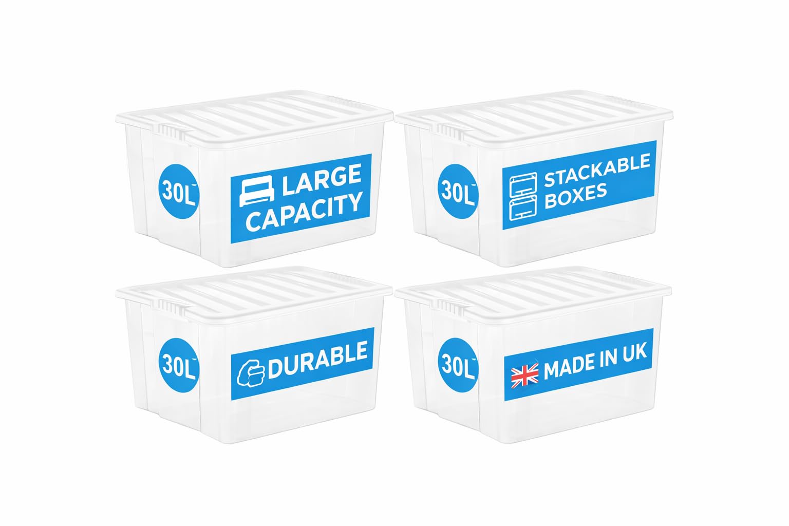 RelianceUK 4 X 30L Plastic Storage Boxes With Lids | Clear Plastic Container With Lids for Clothes Shelves Shoes Crafts | (30 Litre / 4 Pack) Stackable Multipurpose Tubs for Home Office Kitchen