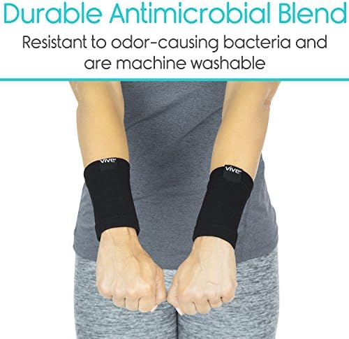 Vive Wristbands (Pair) - Bamboo Charcoal Compression Wrist Band - Sweatband Support for Carpal Tunnel Pain Relief - Arthritis, Tendonitis - Men, Women - Tennis, Gymnastic, Yoga Sweat Sleeve (Black)