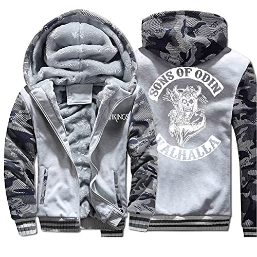 Viking Thicken Plus Fleece Warm Zip Hoodie, Valhalla Sons of Odin Printed Camo Sleeve Sweatshirt, Personality Jacket,Light Gray 2,XS
