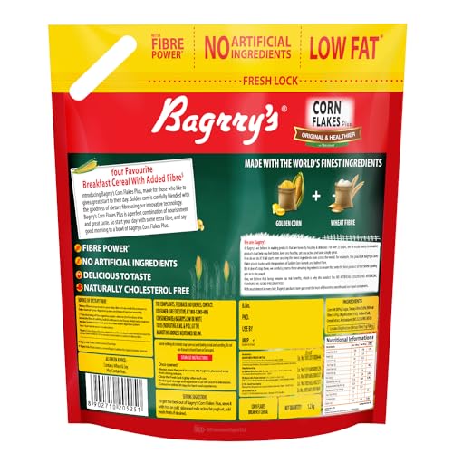 Image of Bagrry's Corn Flakes Plus 1.2kg | Original and Healthier | Low Fat & Cholesterol | Added Fibre | Toasted & Crunchy Prebiotic Breakfast Cereal | No Added Preservatives (Pack of 3)