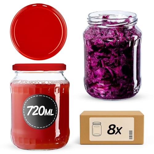 KADAX Lot de 8 bocaux de conservation de 720 ml, idéaux pour la conservation et le rangement, bocaux avec couvercle à visser, Twist Off to 82, bocaux de conservation à insérer (rouges)