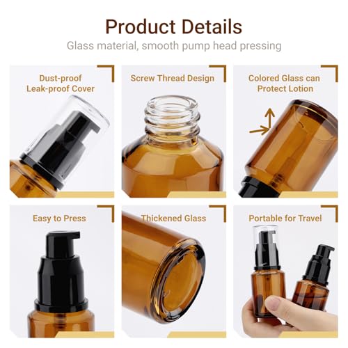 Image of Segbeauty 1oz Refillable Lotion Bottle with Pump, Pack of 5 Frosted Travel Glass Bottles Creams Lotion Containers Foundation Bottle for Travel Size, 30ml Makeup Pump Dispenser for Toiletries Amber