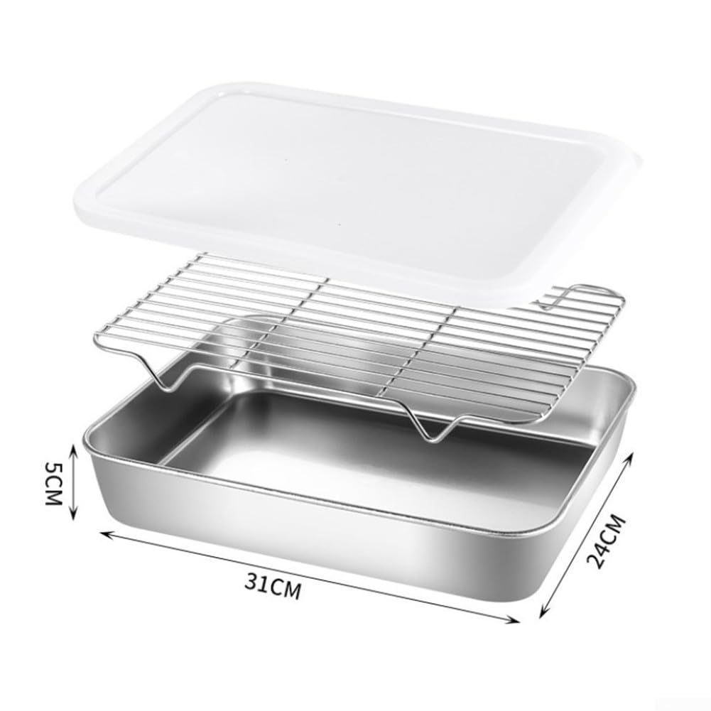Sartén de acero inoxidable con tapa, 31 x 24 x 5 cm, versátil bandeja de refrigeración y bandeja para platos, apta para lavavajillas, perfecta para hornear y servir cenas