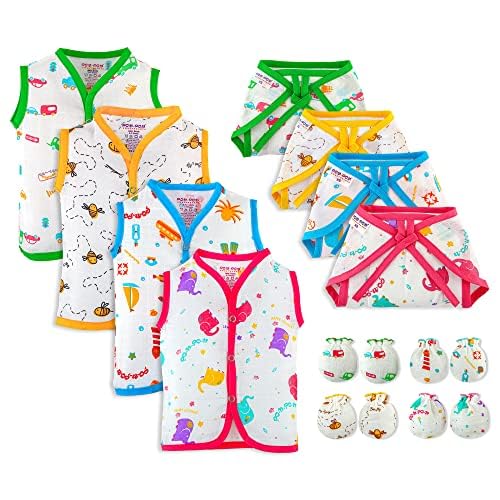 BUMSIES New Born Baby Daily Essentials Clothing Set - 4 Printed Cotton Sleeveless Vest,4 Cotton Cloth Lace Nappy/Langot & 4 Cotton Printed Hand Mittens- Unisex Baby Gift Set Pack of 12 (0-3 Months)-image-43
