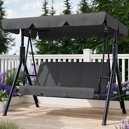Image of Garvee Outdoor Porch Swing with Adjustable Canopy, 3-Seat Patio Swing Chair with Stand, Heavy Duty Outdoor Swing for Adults, Metal Frame Patio Swing for Garden, Backyard & Poolside,Grey